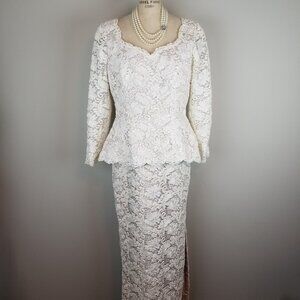 Vintage Rose Taft Couture Gown Corded Candlelight Lace over Blush Satin